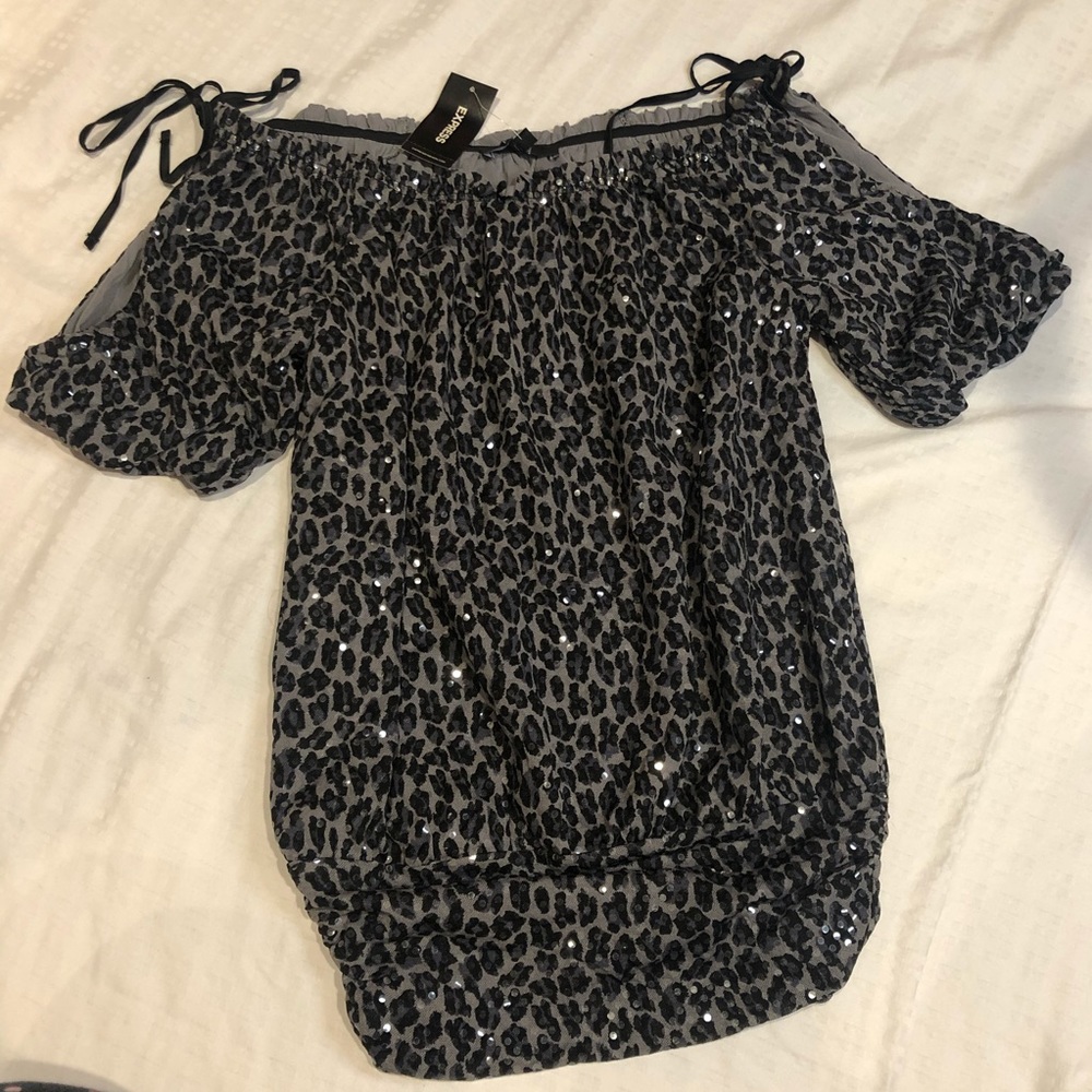 Express Sequin Leopard Open / Tie Shoulder Top